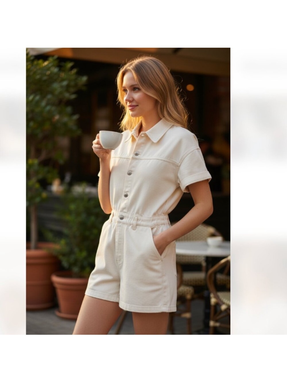Zara Cream Short-Sleeve Button Romper